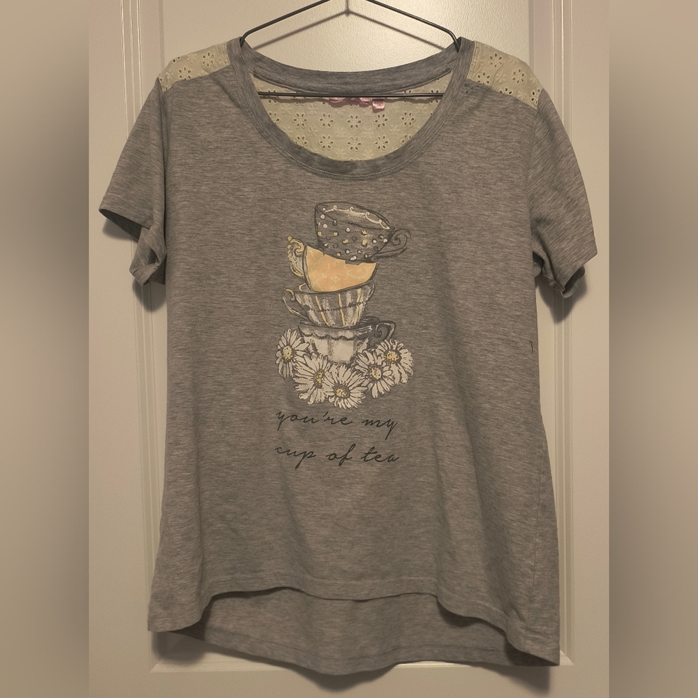 La Vie En Rose Gray Pyjama Shirt with Floral Teacup Design
